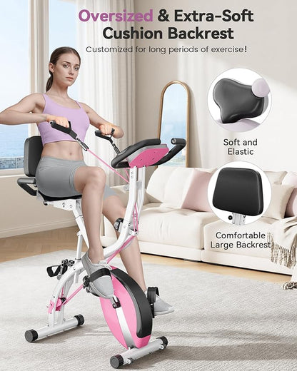 Folding Exercise Bike, Indoor Stationary Bike 16-Level Magnetic Resistance with Arm Resistance Band, Back Support Cushion Workout Bike for Home Workout Gym