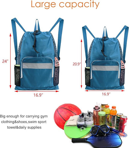 BeeGreen Gym Bag Drawstring Backpack With Zipper Pocket Swim Bag for Men Women Swimmers Sports Bag for Beach Pool Workout Gifts With 2 Mesh Pockets Cinch Bag Lake Blue