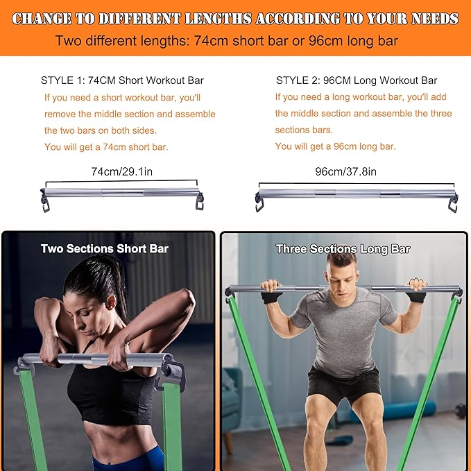 J Bryant Fitness Resistance Band Exercise Bar Large Hook 37.8" Length With Handles Heavy Duty Bar