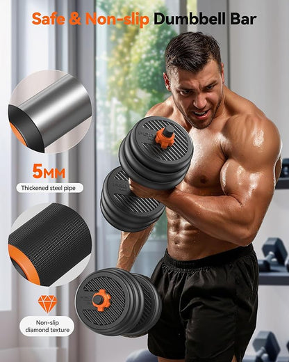 FEIERDUN Adjustable Dumbbells, 20/30/40/50/60/70/90lbs Free Weight Set with Connector, 4 in1 Dumbbells Set Used as Barbell, Kettlebells, Push up Stand, Fitness Exercises for Home Gym Suitable Men/Women