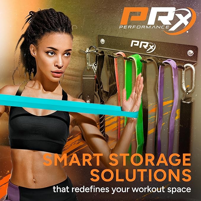 PRx Performance Wall-Mounted Gym Rack Organizer – Heavy-Duty Fitness Equipment Storage for Resistance Bands, Jump Ropes & Lifting Belts– Space-Saving 7 Hook Shelf, Made in USA – Compact Design - Black