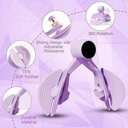 Hip and Inner Thigh Trainer | 360-degree Adjustable Pelvic Floor Muscle Trainer for Arms & Slimmer Thighs | Leg Press, Butt Workout and Kegel Exercise Equipment for Women (Lilac, No Screen)