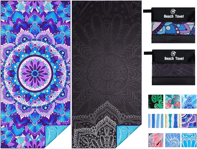 2 Pack Lightweight Thin Beach Towel Oversized 71"x32" Big Extra Large Microfiber Sand Free Towels for Adult Quick Dry Travel Camping Beach Accessories Vacation Essential Gift Purple Black Mandala