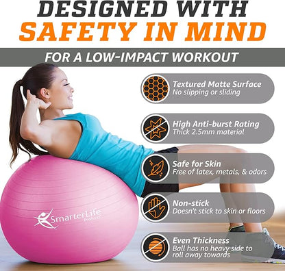 SmarterLife Workout Exercise Ball for Fitness, Yoga, Balance, Stability, or Birthing, Great as Yoga Ball Chair for Office or Exercise Gym Equipment for Home, Premium Non-Slip Design