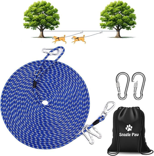 Snagle Paw 100FT Dog Runner for Outside 3 in 1, Long Dog Training Leash with Handle for Small Medium Large Dogs, Reflective Rope Dog Tie Out Cable for Yard,Park,Camping (Blue for 2 Dogs)