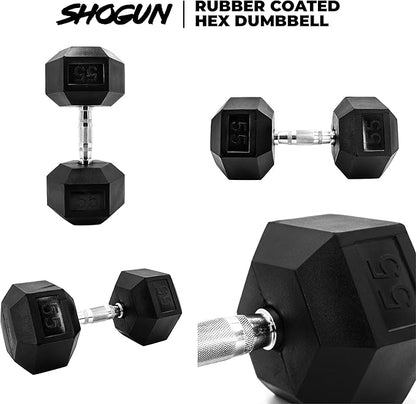 Shogun Hex Dumbbells. Available Hex Dumbbells from 5-55 LBS For Home Workouts, Weight & Strength Training. 5 to 20 LB Hex Dumbbells Sold in Pairs. 25 to 55 LB Hex Dumbbells Sold as Single.