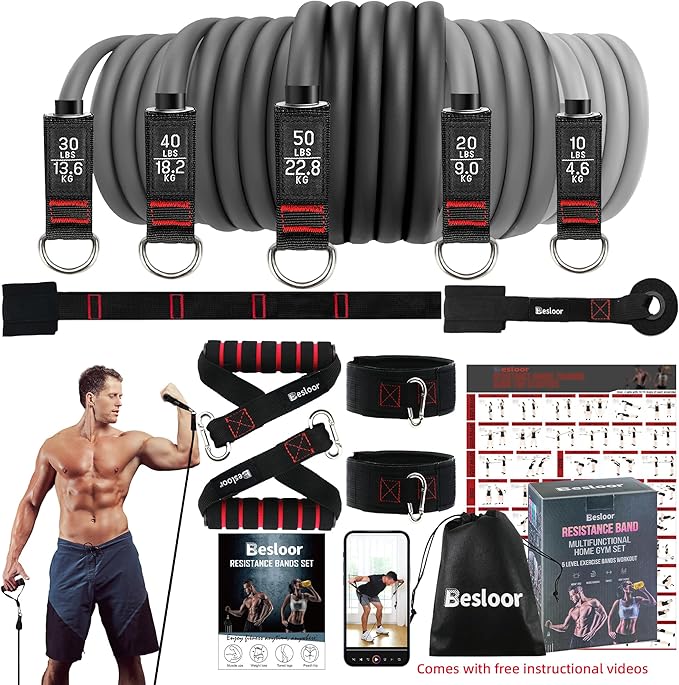 Resistance Band Set. Exercise Bands with Handles, Door Anchor and Ankle Strap. Home Gym, Supports Full-Body Workouts - with Fitness Poster and Video