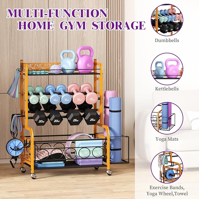 Weight Rack for Dumbbells, Dumbbell Rack Weight Stand, VOPEAK Home Gym Storage Rack for Yoga Mat Kettlebells and Strength Training Equipment, Weight Storage Holder Rack for Dumbbells with Wheels