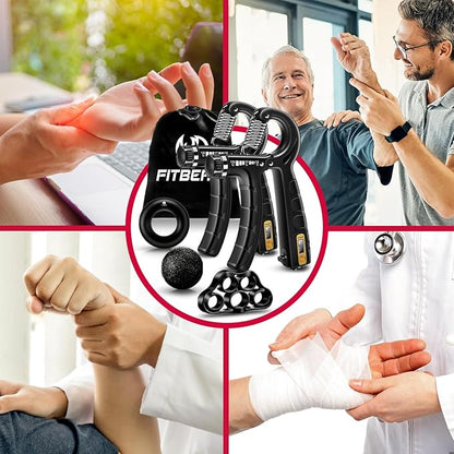 FitBeast Hand Grip Strengthener Workout Kit (5 Pack), 2 Forearm Grip Adjustable Resistance Hand Gripper, Finger Stretcher, Grip Ring & Stress Relief Grip Ball for Athletes