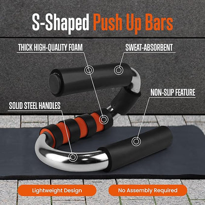 SQUATZ S-Shaped Push Up Bars - Pushup Handles for Men and Women - Steel and Foam, Nonslip Grip Strength Training (Set of 2)