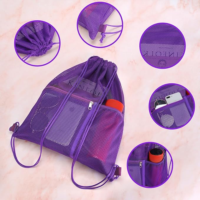 NATURAL STYLE 2 PACK Mesh Drawstring Backpack Bag, Multifunction Mesh Bag for Swimming, Athletic Gym, Clothes, Beach, Swim (Purple)