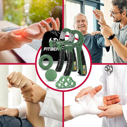 FitBeast Hand Grip Strengthener Workout Kit (5 Pack), 2 Forearm Grip Adjustable Resistance Hand Gripper, Finger Stretcher, Grip Ring & Stress Relief Grip Ball for Athletes