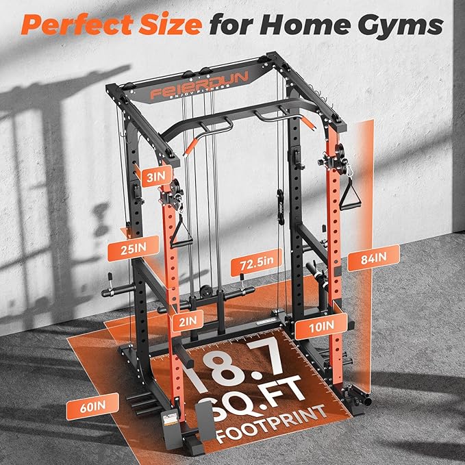 FEIERDUN Multi-Function Squat Rack Power Cage FLA01 with Cable Crossover System, 2000LBS Capacity Power Rack and Packages with Optional Weight Bench, Olympic Barbell Weight Set, for Garage & Home Gym