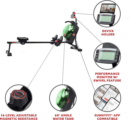 Sunny Health & Fitness Elite Water Rowing Machine with High Resistance Vertical Tank, Optional Exclusive Bluetooth SunnyFit App