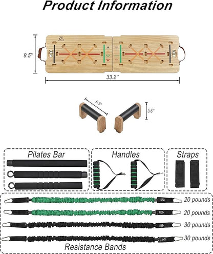 Vimexciter Solid Wooden Push Up Board Kit with Pilate Bar, Resistance Bands Sets and Handles, Multi-Function Foldable Push up Stands for Men and Women, Full Body Workout Equipment for Home Gym