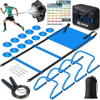 Agility Ladder Speed Training Equipment Set-20ft Agility Ladder,12 Soccer Cones,4 Hurdles, Jump Rope, Running Parachute| Basketball Football Soccer Training Equipment for Kids Youth Adults