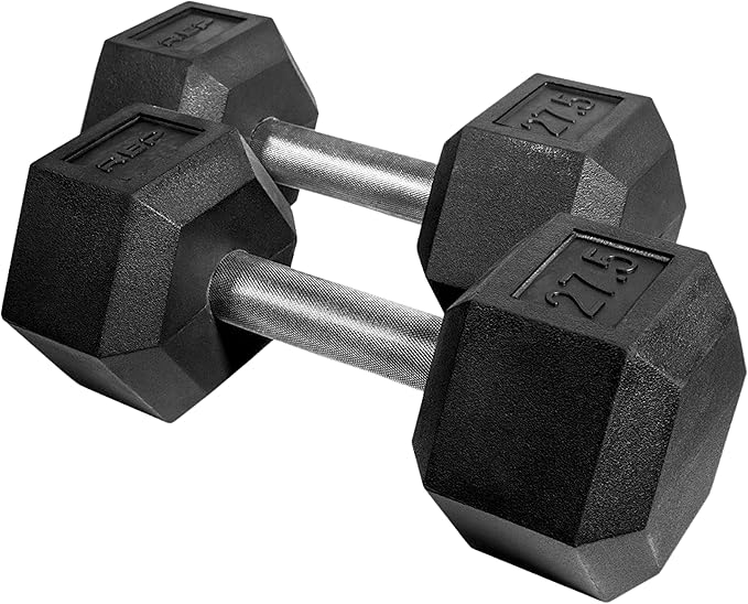 Rep Fitness Rubber Hex Dumbbell(s) - Singles (55LB +) and Pairs (5LB - 50LB) - Low Odor, Fully Knurled Handle