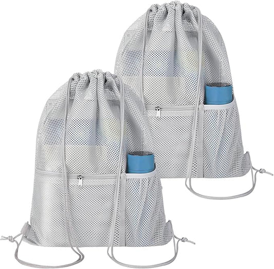 NATURAL STYLE 2 PACK Mesh Drawstring Backpack Bag, Multifunction Mesh Bag for Swimming, Athletic Gym, Clothes, Beach, Swim (Grey)