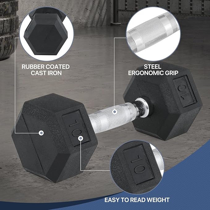 MADOG Hex-Dumbbells, Rubber Coated Cast Iron Dumbbell Set, 5-25 LBS