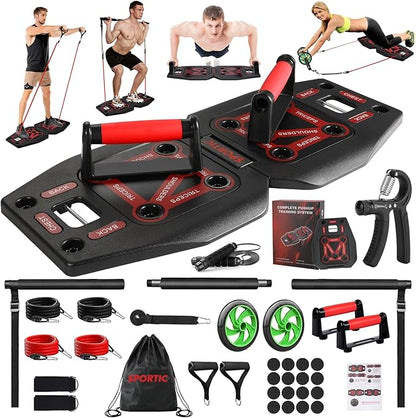 Push Up Board for Home Gym with Exercise Accessories Resistance Bands & Ab Roller Wheel & Pilates Bars - Portable Gym with Foldable Pushup Board - Exercise Equipment for Upper Body Workout, Gift for Women & Men