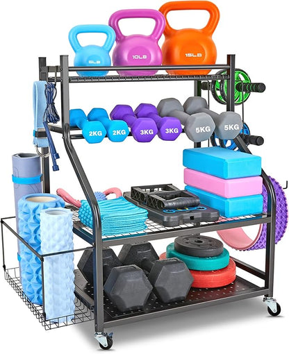 Dumbbell Rack, Yoga Mat Storage Rack - Weight Rack for Dumbbells, Home Gym Storage Rack for Yoga Mat, Dumbbells and Kettlebells, All in One Workout Equipment Storage with Caster Wheels