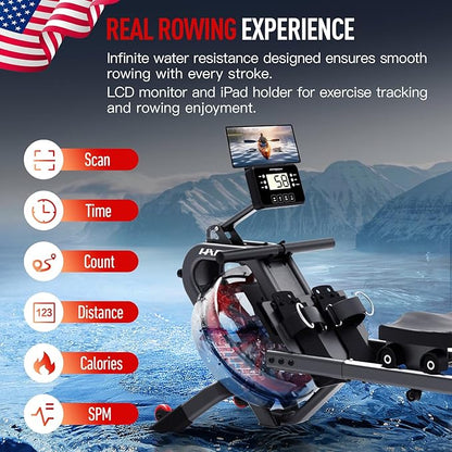 HARISON Water Rowing Machine for Home, 350 LBS Weight Capacity Foldable Rower Machine with LCD Monitor, Dual Slide Rails