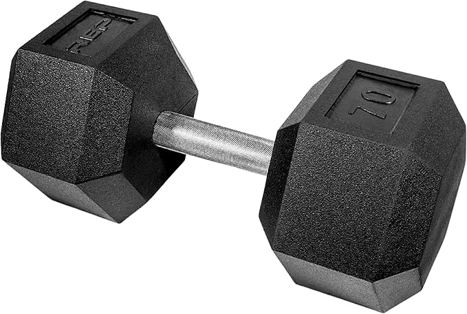 Rep Fitness Rubber Hex Dumbbell(s) - Singles (55LB +) and Pairs (5LB - 50LB) - Low Odor, Fully Knurled Handle