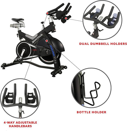 Sunny Health & Fitness ASUNA 7150 Minotaur Exercise Bike Magnetic Belt Drive Commercial Indoor Cycling Bike with 330 LB Max Weight, SPD Style/Cage Pedals and Aluminum Frame, Black