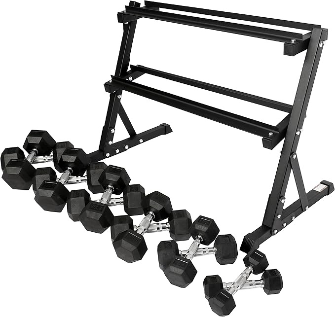 Signature Fitness Premium Rubber Coated Hex Dumbbell Weight Set, Multiple Packages