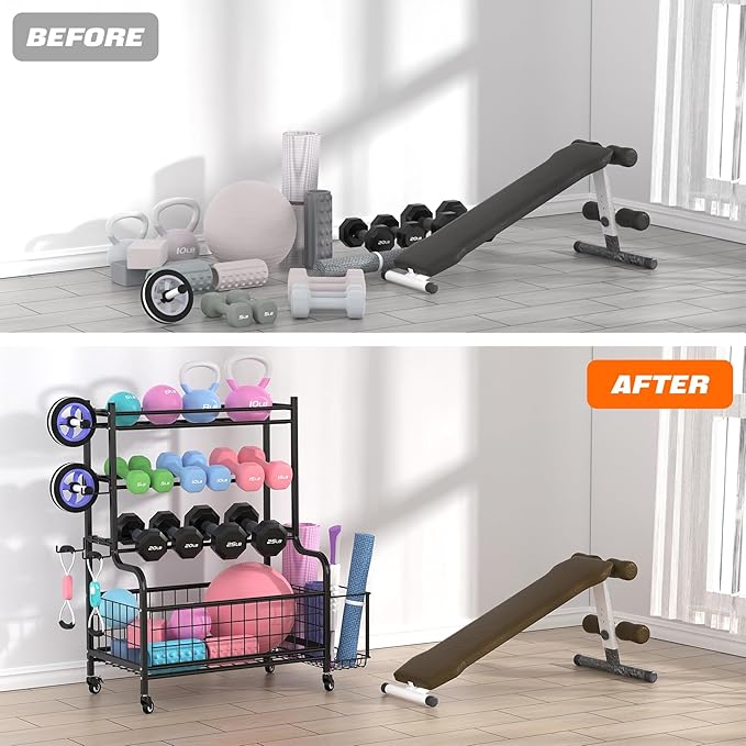 Yoga Mat Storage Rack, Home Gym Storage Rack for Dumbbells, Kettlebells, Foam Roller, Yoga Strap and Resistance Bands, Exercise Equipment Storage Organizer With Wheels