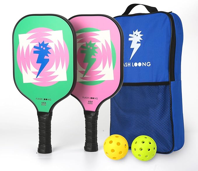 Fun Pickleball Paddles Set of 2 Pink and Green, Cute Pickle Ball Rackets for Kids Girls Boys Women Men, Professional Pickleball Racquets Equipment for Indoor or Outdoor, with Balls & Bags