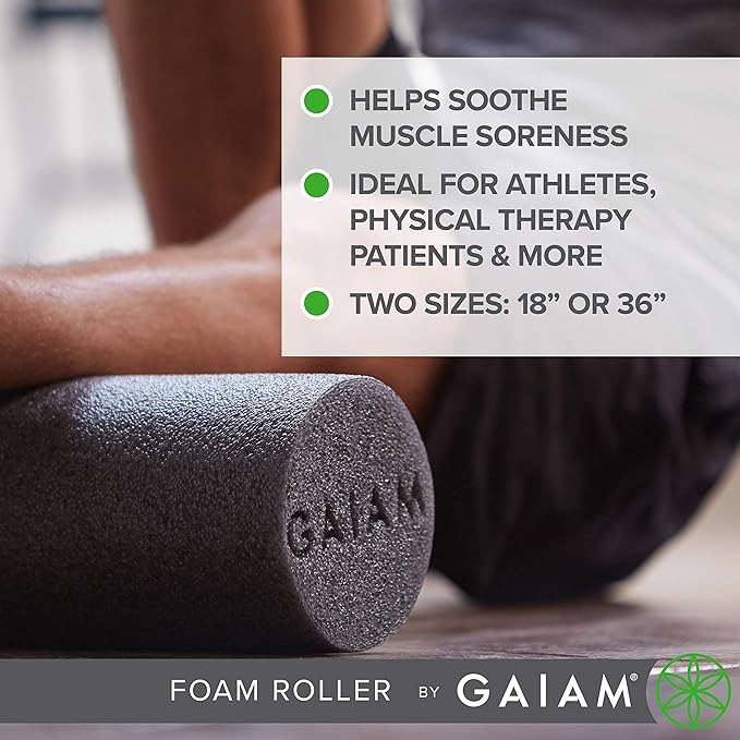 Gaiam Restore Foam Roller for Muscle Massage - Deep Tissue Muscle Massager for Sore Muscles & Stimulation - Total Body Pain Relief, Back, Neck, Foot, Calf, Leg, Arm (18 Inch and 36 Inch)