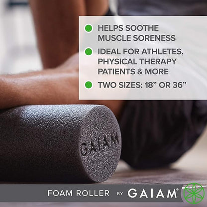 Gaiam Restore Foam Roller for Muscle Massage - Deep Tissue Muscle Massager for Sore Muscles & Stimulation - Total Body Pain Relief, Back, Neck, Foot, Calf, Leg, Arm (18 Inch and 36 Inch)