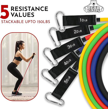 Bear Grips Tube Resistance Bands for Working Out - Home Gym Equipment Exercise Bands with Handles for Women and Men - 11 Pcs Resistance Tubes Workout Set for Yoga Blocks