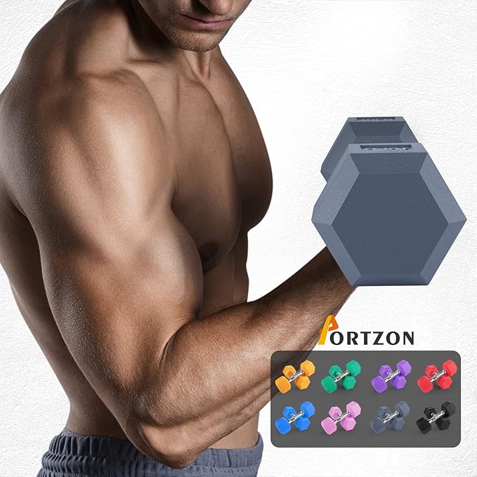 Portzon 8 Colors Options Compatible with Set of 2 Rubber Dumbbell Weight, 5-50 LB, Anti-Slip, Anti-roll, Hex Shape