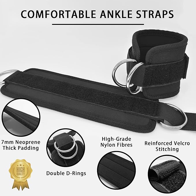 Fitness Ankle Straps for Cable Machines, 2 Pack Comfortable Adjustable Padded Ankle Wrist Cuffs, Kickback Glute Workouts for Men Women, D-Ring Leg Straps with Neoprene Padding