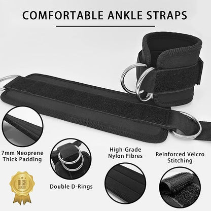 Fitness Ankle Straps for Cable Machines, 2 Pack Comfortable Adjustable Padded Ankle Wrist Cuffs, Kickback Glute Workouts for Men Women, D-Ring Leg Straps with Neoprene Padding