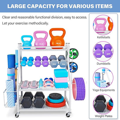 Dumbbell Rack, Yoga Mat Storage Rack - Weight Rack for Dumbbells, Home Gym Storage Rack for Yoga Mat, Dumbbells and Kettlebells, All in One Workout Equipment Storage with Caster Wheels