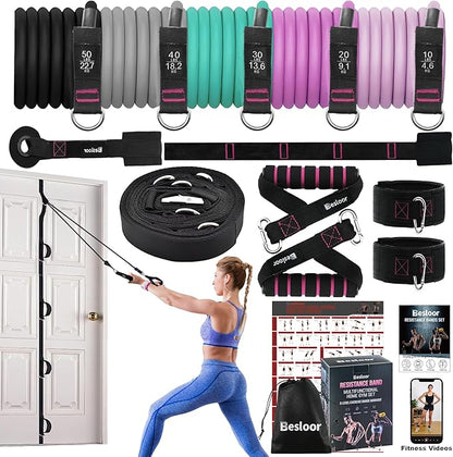 Resistance Band Set. Exercise Bands with Handles, Door Anchor and Ankle Strap. Home Gym, Supports Full-Body Workouts - with Fitness Poster and Video