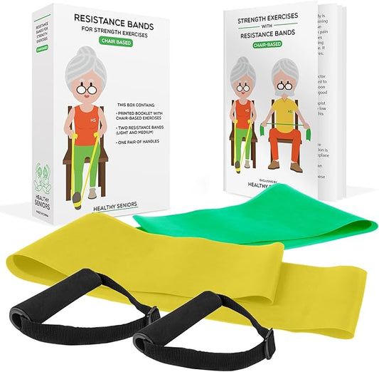 Chair Exercises for Seniors - Two Resistance Bands, Handles, and Printed Exercise Guide. Adjustable Fitness Equipment for Seniors, Elderly Home. Occupational & Physical Therapy Aids