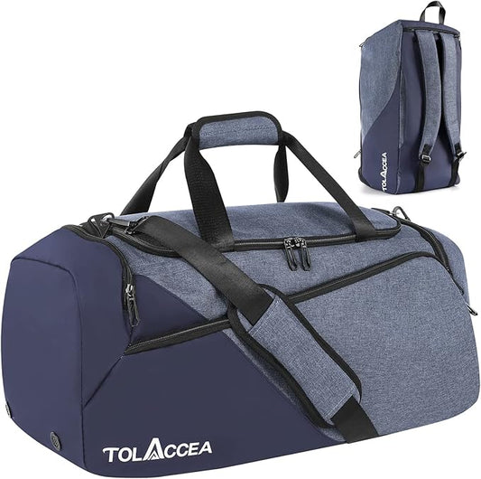 Tolaccea Gym Bag for Men Women, Large Sport Duffel Bag with Shoe Compartment Wet Compartment, Travel Duffel Bag Backpack, Weekend Bag Carry On Backpack for Gym, Travel, Fitness, Workout (Blue, 47L)