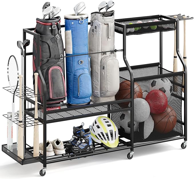 DWVO Sports Equipment Organizer, 3 Golf Bags Storage Stand with Wheels, Sport Gear Accessories Rack and Ball Organizer Bin for Garage