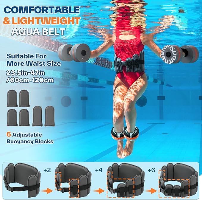 Sportneer Water Aerobics Pool Exercise Equipment New 6-Piece Water Fitness Set Includes High Density Water Weight Swim Belt Water Ankle Weights for Aqua Therapy Pool Fitness Water Exercise