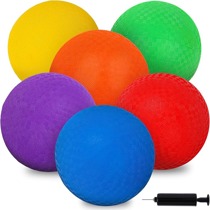 LovesTown 6PCS Playground Balls with Air Pump, 8.5inch Inflatable Dodge Ball Colorful Handball Rubber Kickball for Kids Ball Games Gym Camps Yoga