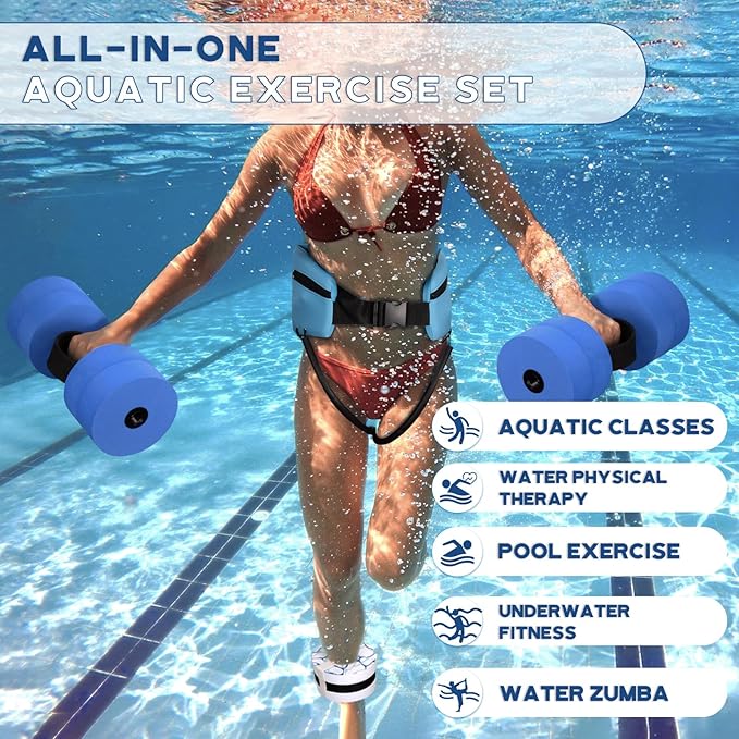 Water Aerobics Pool Exercise Equipment,Aqua Aerobics Equipment Set,Includes High Density Water Dumbbell Aqua Belt and Water Ankle Weights for Aquatic Aerobics Exercise,Pool Fitness