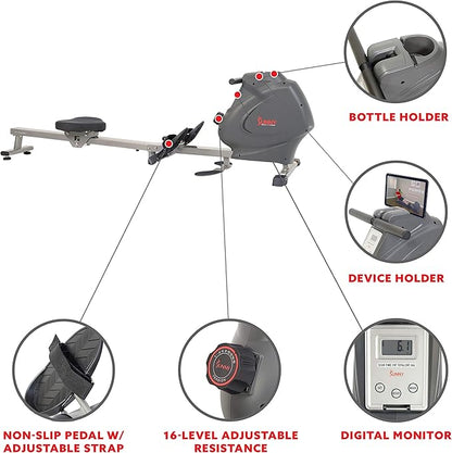 Sunny Health & Fitness Multi-Function Premium Magnetic Rowing Machine, Bicep Curls, Upward Rows, Seated Rows, Foldable Slide Rails, Digital Monitor and Optional Bluetooth with Exclusive SunnyFit App