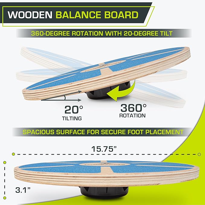 ProSource Wooden Balance Board Non-Slip Wobble Core Trainer 15.75in (39.5cm) Diameter with 360 Rotation for Stability Training, Full Body Exercises, Physical Therapy