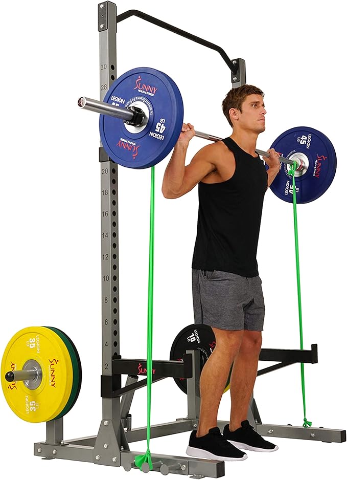 Sunny Health & Fitness Power and Squat Rack with High Weight Capacity Optional Olympic Weight Plate Storage, 360° Swivel Landmine, Power Band Attachment