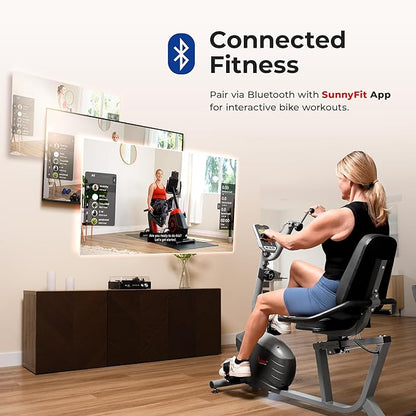 Sunny Health & Fitness Smart Magnetic Recumbent Exercise Bike with Optional SunnyFit App Bluetooth Connectivity, Full Body Workout, Large Ergonomic Seat, Bike for Adult & Seniors with Arm Exerciser