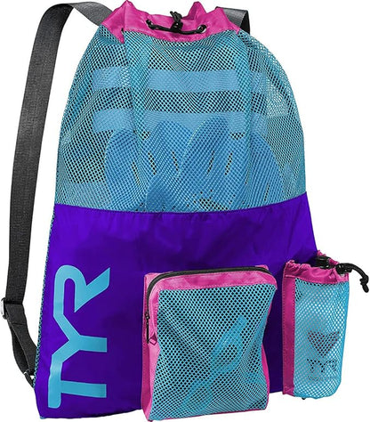 TYR Big Mesh Mummy Backpack For Wet Swimming, Gym, and Workout Gear , Pink